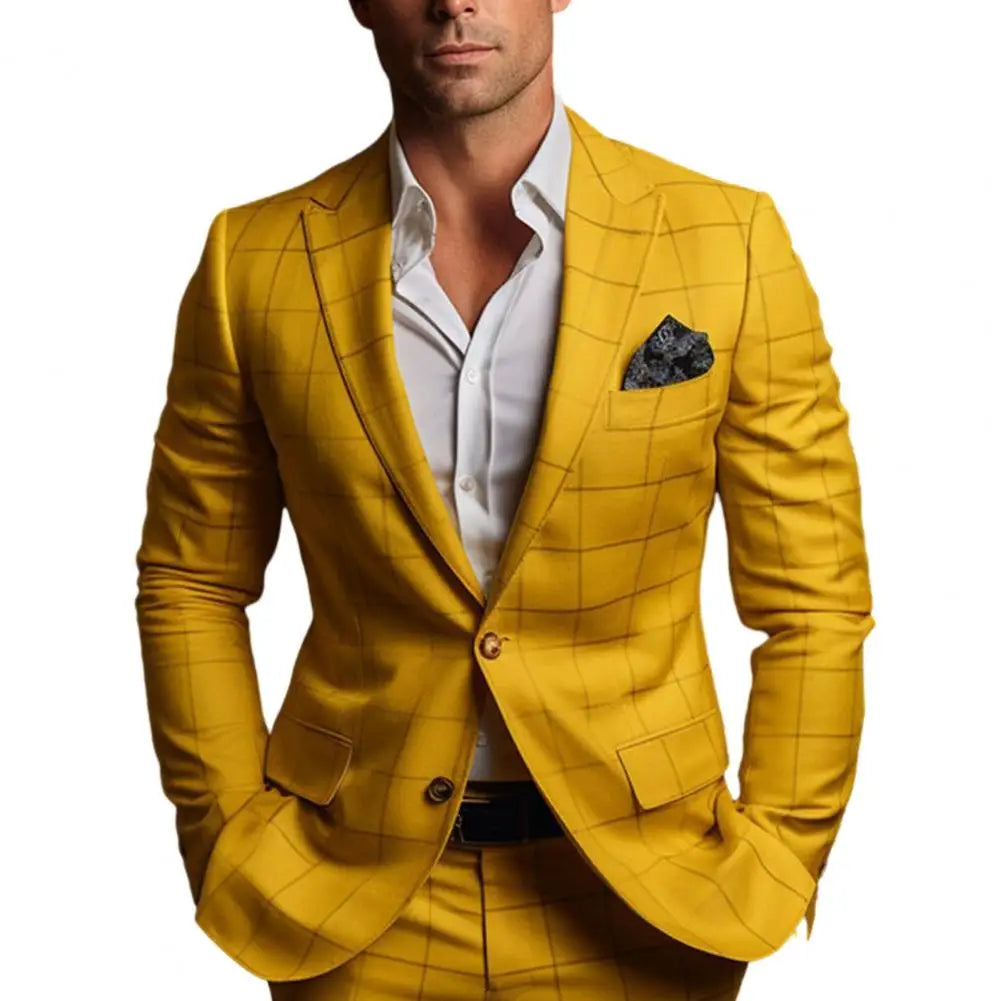 Men Suit Coat Formal Business Style Slim Fit Plaid Print Long Sleeve Single Button Closure Mid Length Straight Cardigan Work Coa