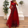 Vintage Blumenmuster Langarm High Waist Langes Kleid Sexy Asymmetrisches Mesh Abendkleid Neu Ein-Schulter-Ärmel Falten Brautjungfernkleid