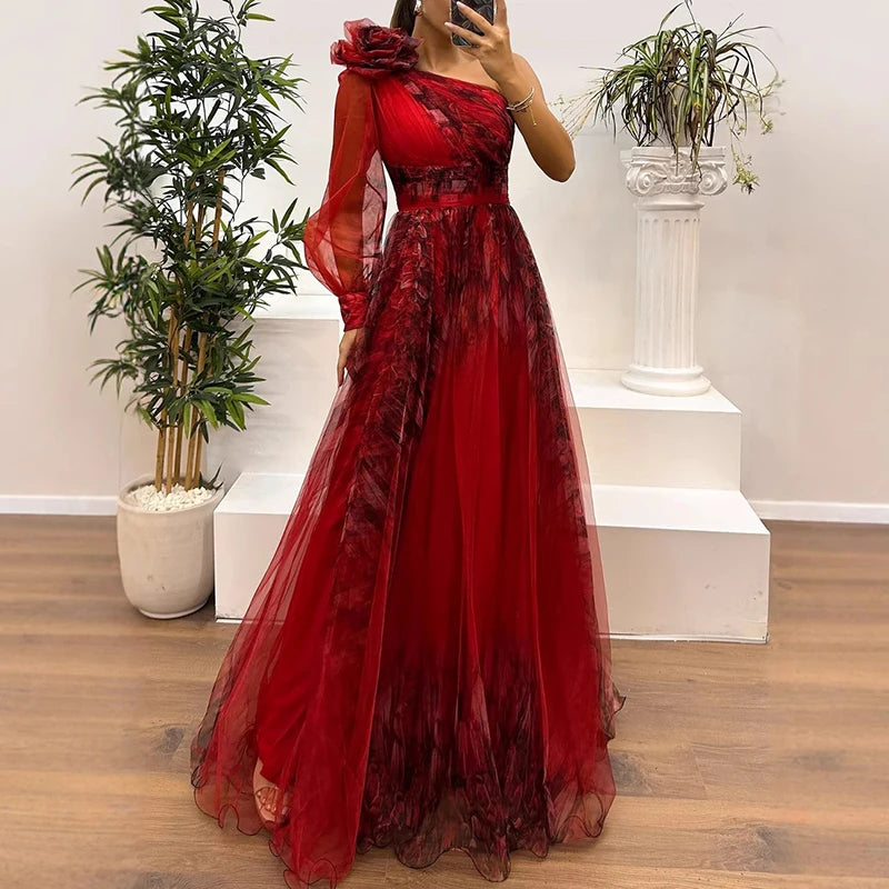 Vintage Blumenmuster Langarm High Waist Langes Kleid Sexy Asymmetrisches Mesh Abendkleid Neu Ein-Schulter-Ärmel Falten Brautjungfernkleid