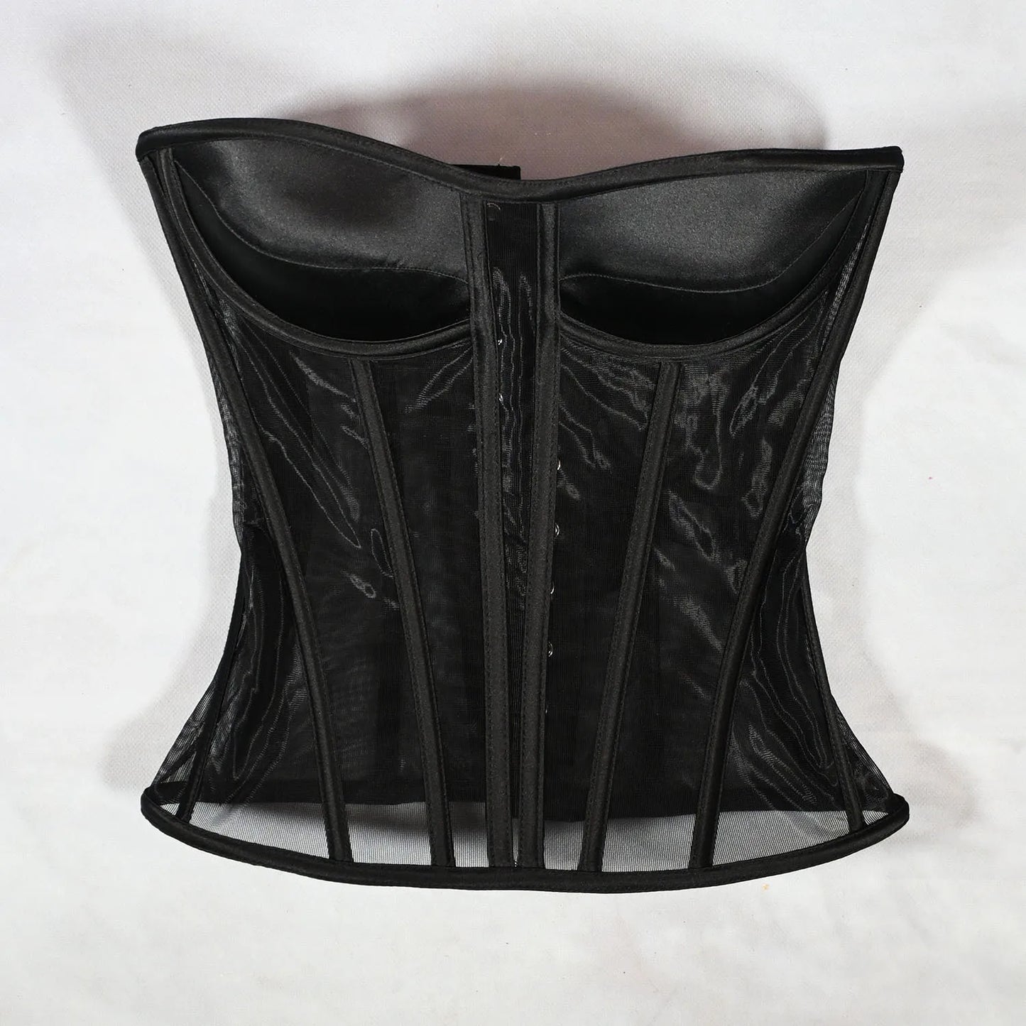 Women Mesh Corset Bustier With Cups Overbust Tight Shaping Tops Strapless Transparent Bodice Slimm Waist Wedding Lace Up Boned