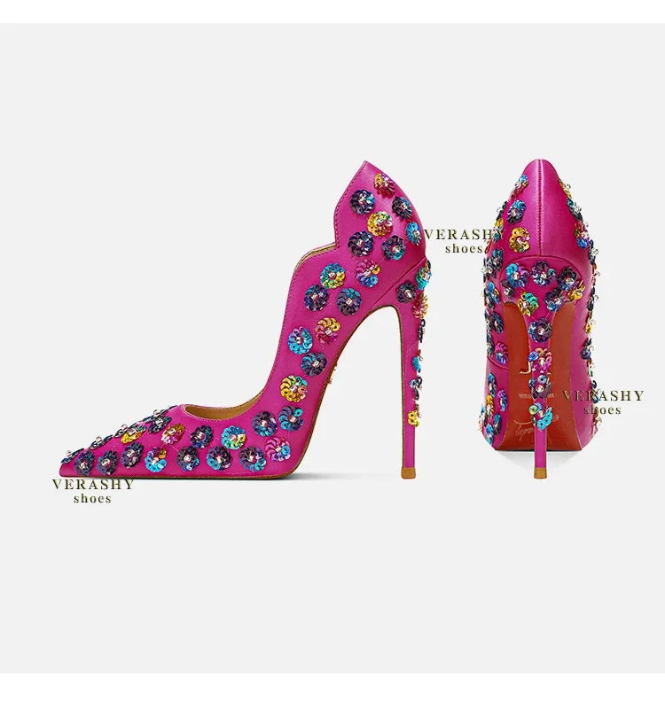 2025 Spring New High Heels Women's Embroidered Beaded Black Sexy Queen's Heel 10-12cm Pointed