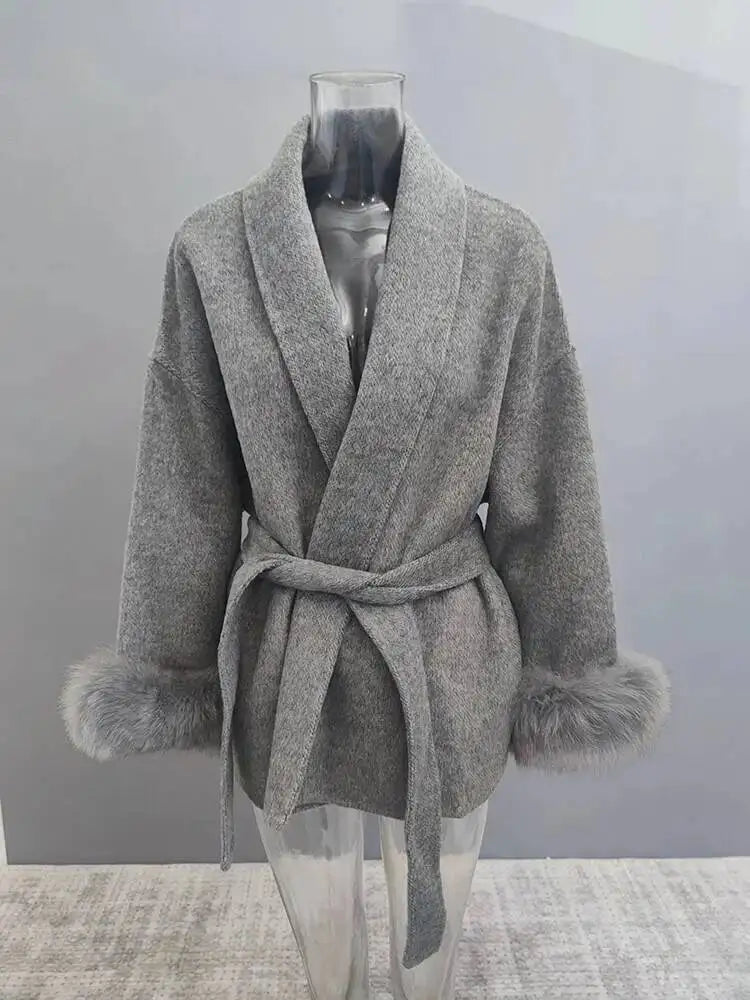 UCXQ Elegant OL Office Lady Overcoats Fur Patchwork Long Sleeve Woolen Coat Beautiful Women's Clothing Jacket Autumn 2025 Winter