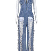 Sibybo Quaste Hollow Out Overalls für Damen Nieten Strass Trägerlos Rückenfrei Jeans Street Fashion Trend Jumpsuit Femme