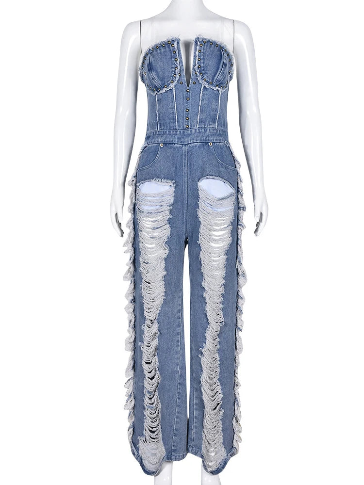 Sibybo Quaste Hollow Out Overalls für Damen Nieten Strass Trägerlos Rückenfrei Jeans Street Fashion Trend Jumpsuit Femme