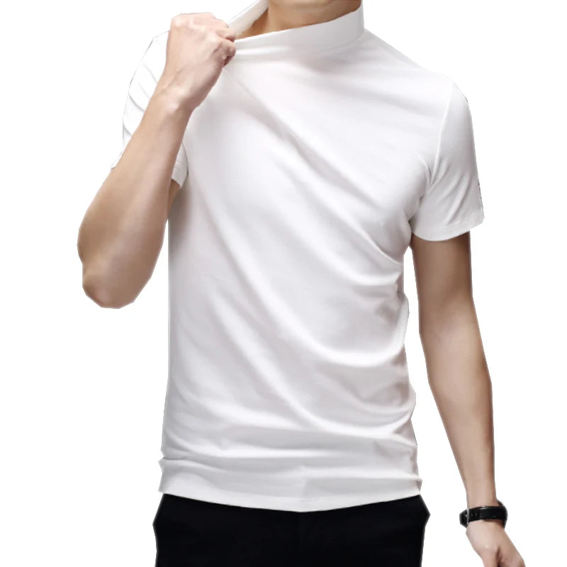 2022 Trend Summer Men Half high Collar Mercerized Cotton Short Sleeve Slim Body T-Shirt Men Solid Color Modale High Collar