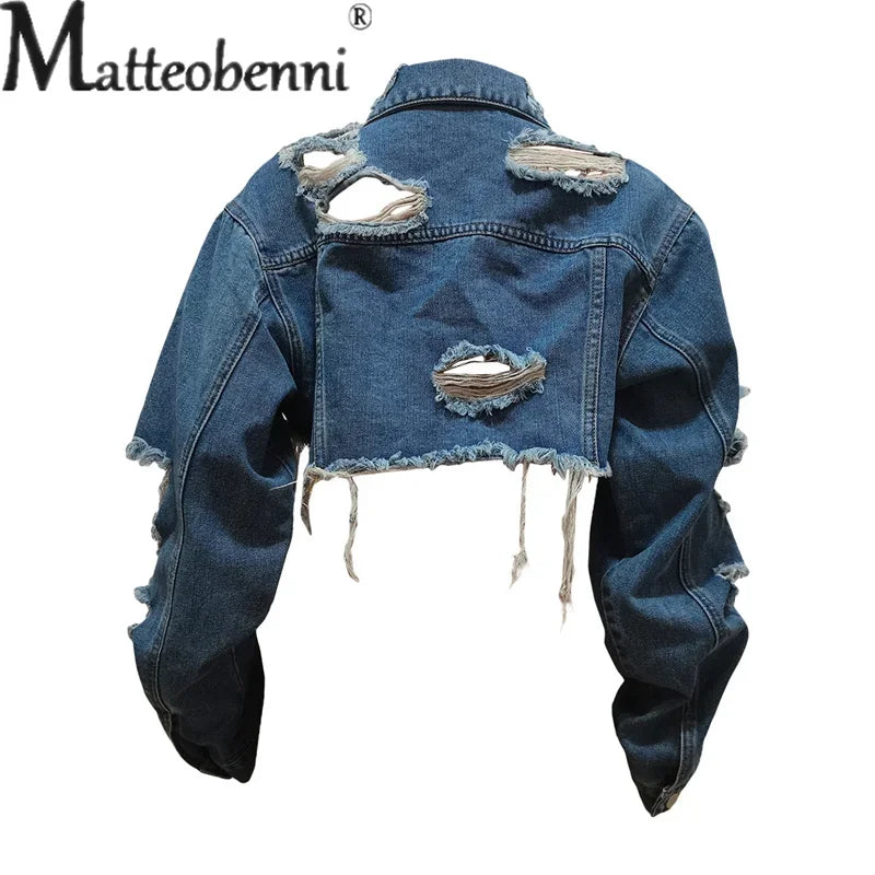 Fashion Zerissene Löcher Langarm Kurze Jeansjacke Damen Trend Streetwear Freizeit Oberbekleidung Damen Doppelknopf Splicing Mantel