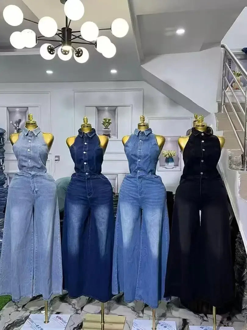 Summer New Style Women's Jumpsuit High Waist Denim Sleeveless Collared Pant One Piece Suit Chinese Manufacturer Origin