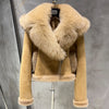 21-25Shearling Jacket women's shearling Cloth With Big Fur Collar and Hooded