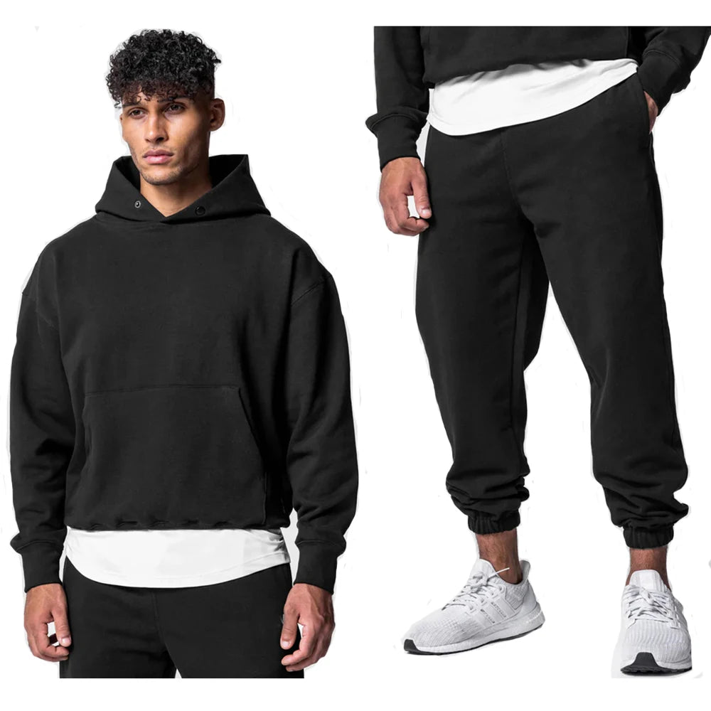 Men's Thick Cotton Training Sets Hoodie Casual Sports Pullover Hooded 2-piece Top with Pants Sweatshirts Gym Running Tracksuits