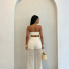 HLJ Casual Crochet Knit Women 2 Piece Outfits Strapless Bandeau Crop Top + Tassel Mesh Wide Leg Pants Matching Streetwear Summer