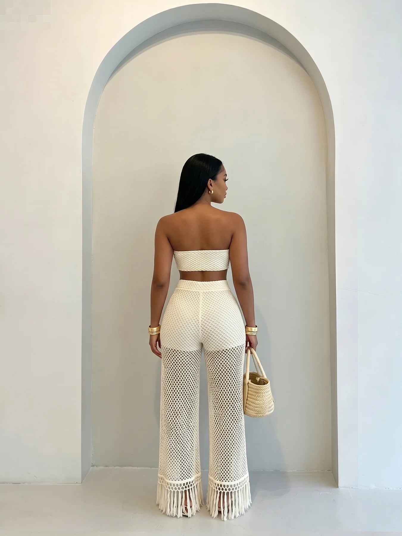 HLJ Casual Crochet Knit Women 2 Piece Outfits Strapless Bandeau Crop Top + Tassel Mesh Wide Leg Pants Matching Streetwear Summer