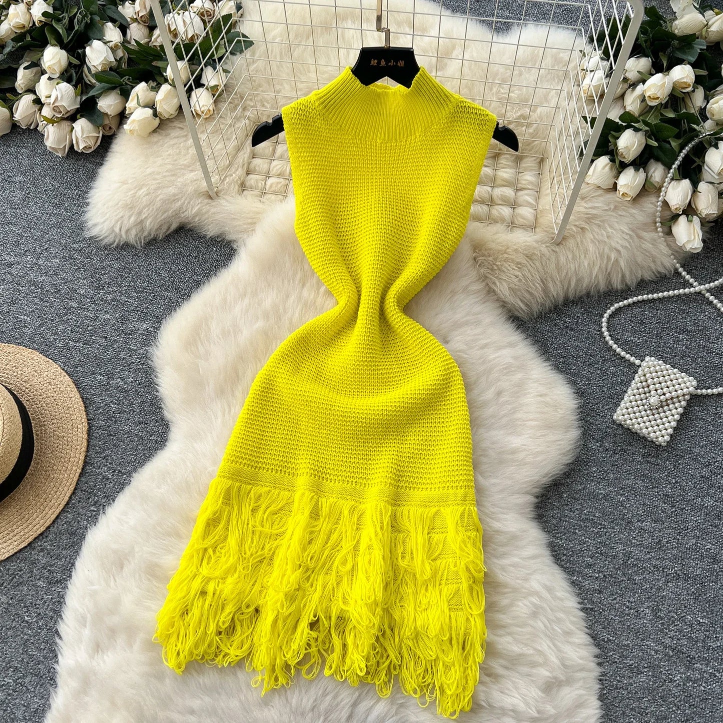 Chic Elastic Knit tassel O Neck Women Elegant Korean Fashion Vestidos Summer A-line Wrap mini dress