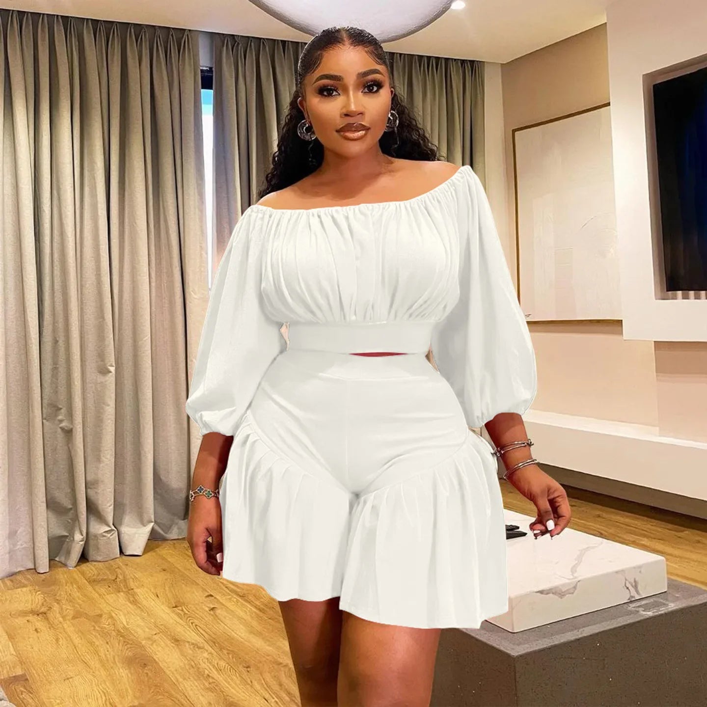 Customized Plus Size Women's Set Long Sleeve Slash Neck T-Shirt and Shorts 2025 Summer Ruched Two 2 Piece Set Outfits Tracksuit