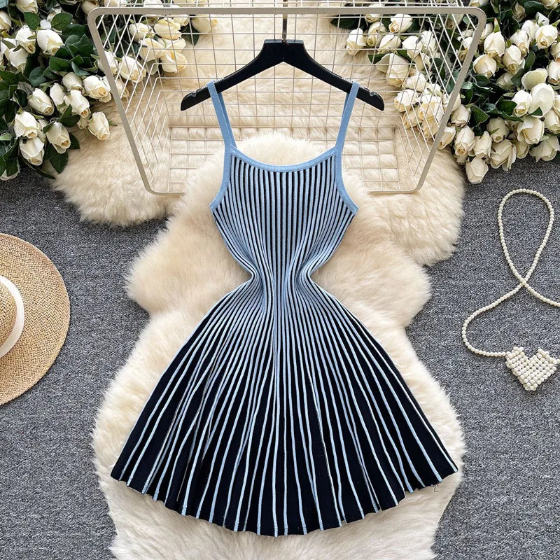 Joskaa 2026 Autumn Retro Striped Knit Dress Women Elegant Pleated Waist Slim Low Cut Sleeveless A-line Slip Dress Streetwear