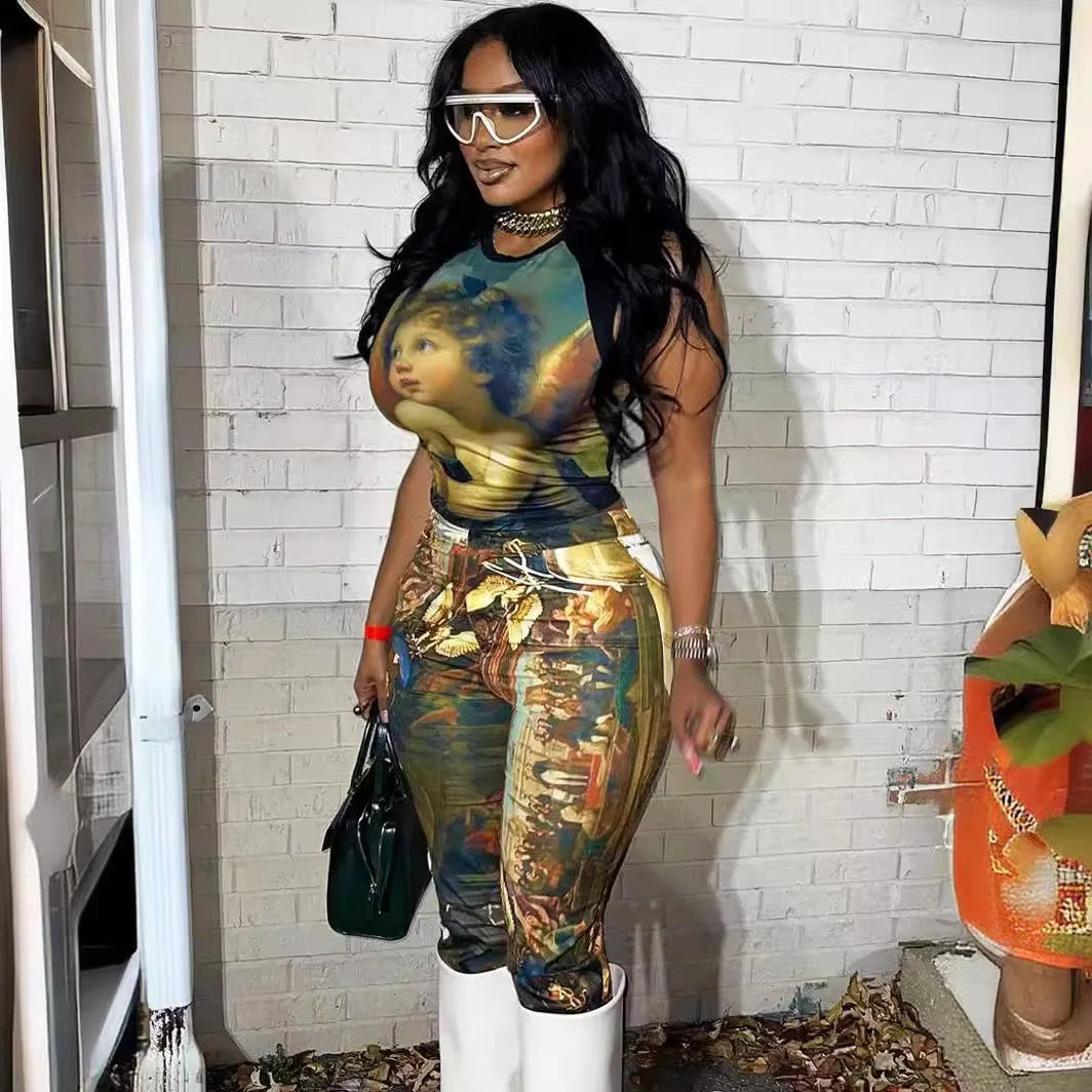 FAGADOER Mode-Print 2-teilige Sets Damen Outfit Ölgemälde Ärmelloses Crop Top und Hose Damen Streetwear Sommer Frühling Neu