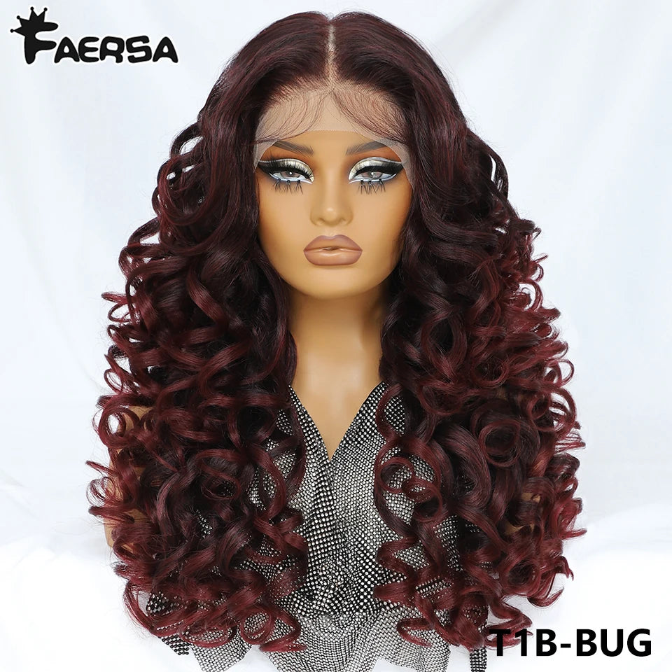 Latisha 13X6 HD Synthetische Spitzenfrontperücke lockig vorgezupfte Lace-Frontal-Perücke mit Pony für Damen, Highlights mit Babyhaar, 24 Zoll