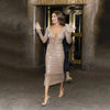 Abendkleid Damen Elegant Pailletten Tiefer V-Ausschnitt Langarm Midikleid Sexy Luxuriös Rückenausschnitt Schnürung Knöchellang Bandage Partykleid