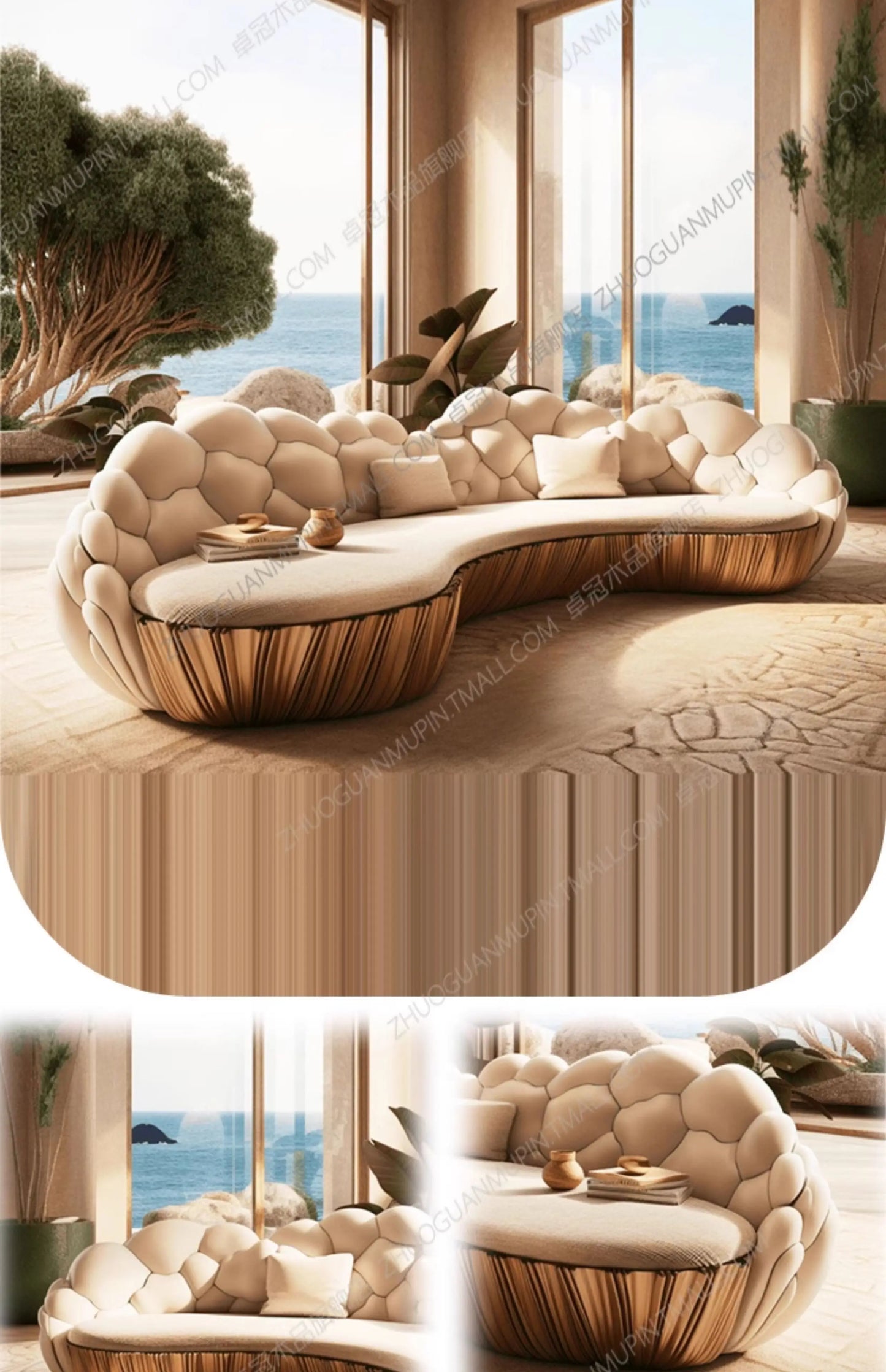 Französisches, leicht luxuriöses, halbkreisförmiges, geschwungenes Villa Wohnzimmer, kreatives Sofa, cremefarben, speziell geformt, Massivholz