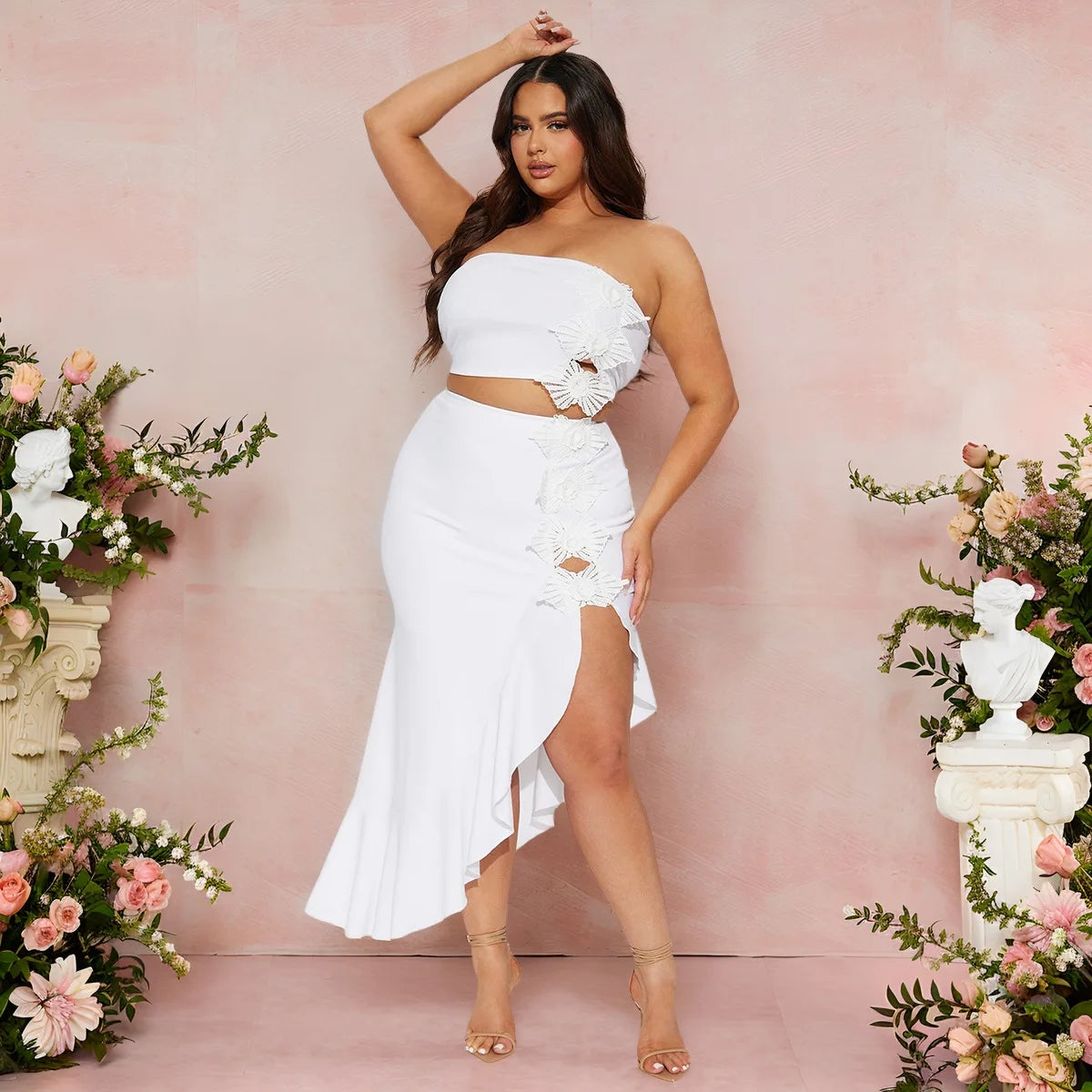 CM.YAYA Bowknot Side Women's Dress Set Strapless Crop Top and Ruffles Split Midi Maxi Long Skirt Suit Two 2 Piece Set Outfits