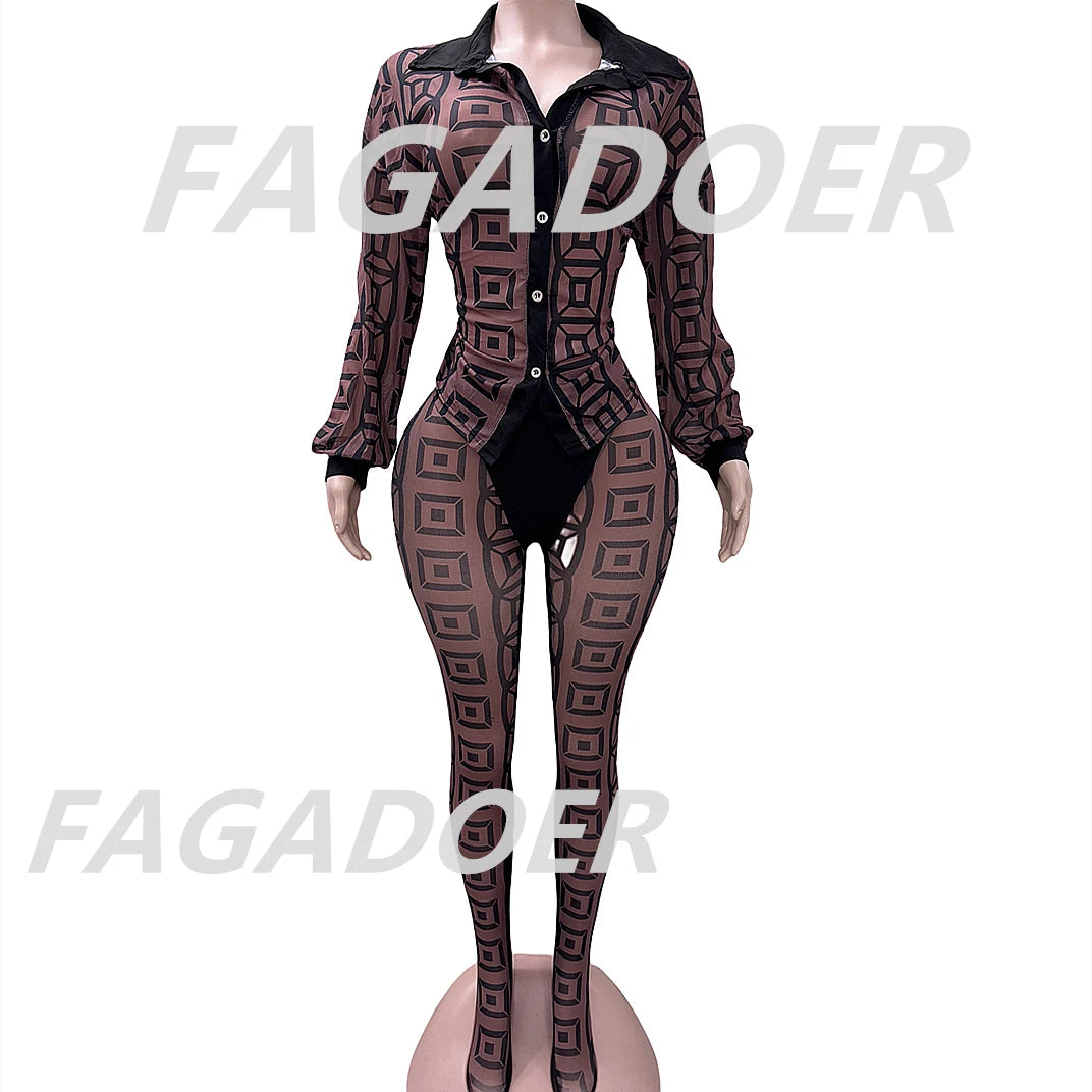 FAGADOER Sexy Mesh Damen 2-teiliges Set Outfit Durchsichtiges Langarm Crop Top + Skinny Hose Anzüge Weibliche Streetwear Kleidung Neu
