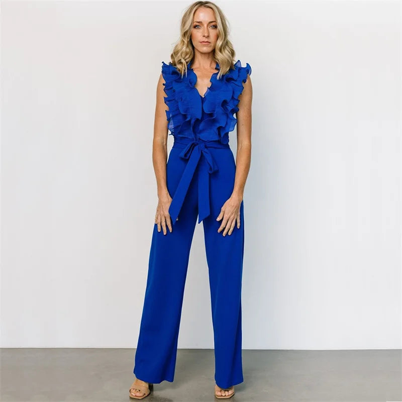 New 2025 Summer Women V Neck Sleeveless Elegant Straight Jumpsuits Edible Tree Fungus Sexy Birthday Party Jumpsuit Rompers Black
