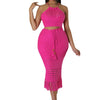 CM.YAYA Beach Knit See Though Women Two 2 Piece Set Outfits Halter Neck Crop Top and Tassel Midi Skirt Suit 2023 New Dress Set