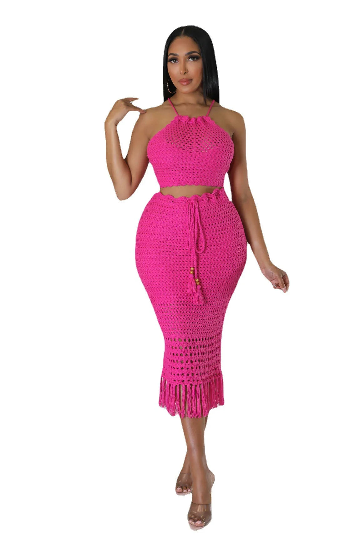 CM.YAYA Beach Knit See Though Women Two 2 Piece Set Outfits Halter Neck Crop Top and Tassel Midi Skirt Suit 2023 New Dress Set