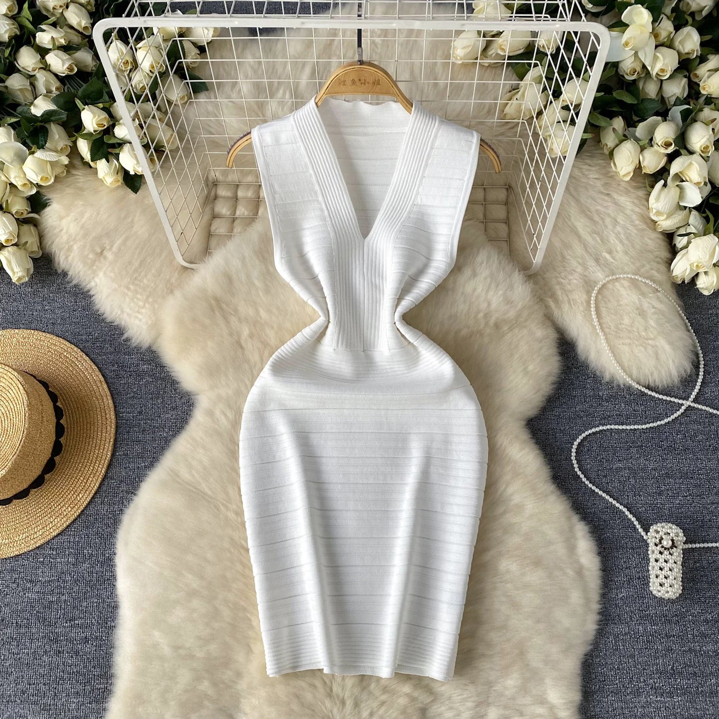 SINGREINY Bodycon Basic Knitting Dress Women Sleeveless V Neck Tank Ladies Elastic Waist Temperament Solid Streetwear Dress