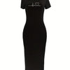 Summer heart-shaped print short sleeved women's sexy dress Casual Round Neck Pullover Dress Solid Color