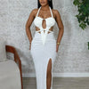 Beyprern Women's Cut-Out Ruched Maxi Dress Orange Sexy Halter Neck Backless High Slit Bandage Party Dresses Birthday Outfits