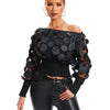 Applikationsbluse mit schrägen Schultern, elegante Langarmbluse für Frühling und Herbst, Damenbekleidung