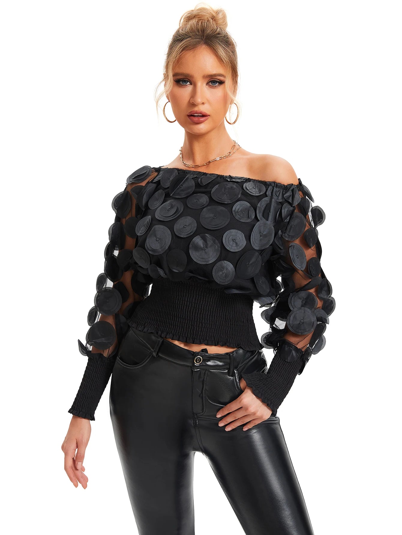 Applikationsbluse mit schrägen Schultern, elegante Langarmbluse für Frühling und Herbst, Damenbekleidung