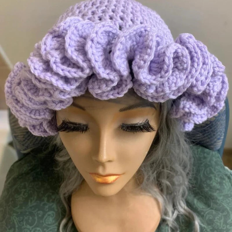 Handgestrickte Mütze mit plissierten Rüschenkanten und Spitze für Damen und Herren, originelle und kreative Mütze für Erwachsene