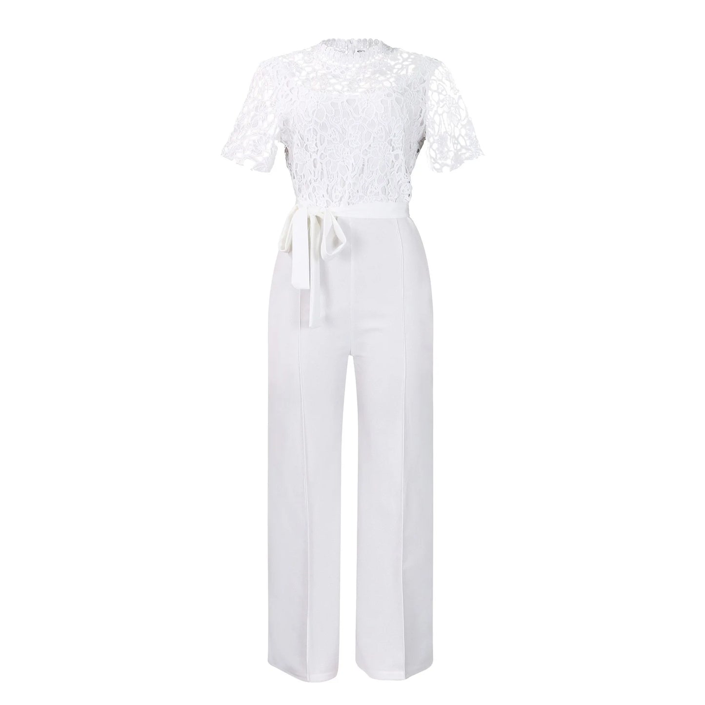 Elegante Jumpsuits & Rompers für Damen Rundhals Spitze Patchwork Kurzarm Gürtel Hohe Taille Luxus Geburtstagsparty Abend Outfit