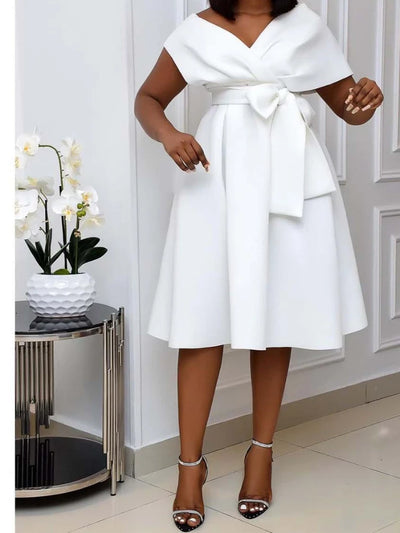 Damenkleid Midikleider A-Linie Vestidos Schmale Passform V-Ausschnitt Kurzarm Enge Taille Elegant Spleiß Schnürung Schleife Sommer