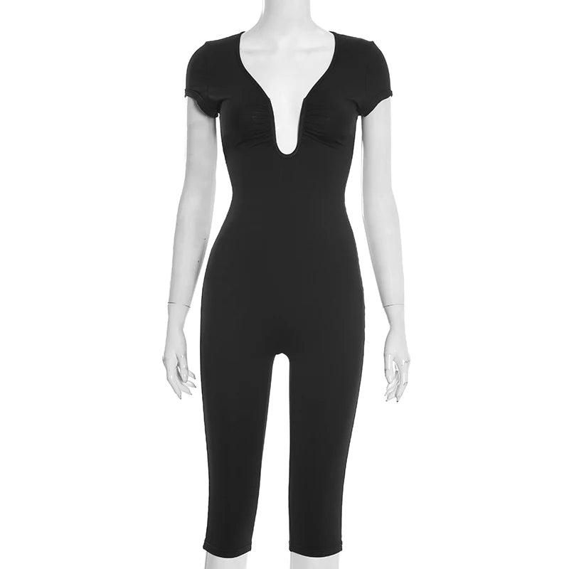 Solid Color Sexy Slim Fit and Slimming Chest U-Neck Jumpsuit, Versatile and Fashionable Jumpsuit Cropped Pants