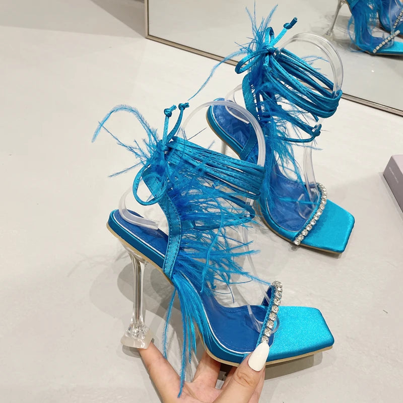 Eilyken Fashion Summer Rhinestone Feather Women Sandals Lace-up Cross-Tied Sexy Gladiator Square Toe Ladies High Heel Shoes