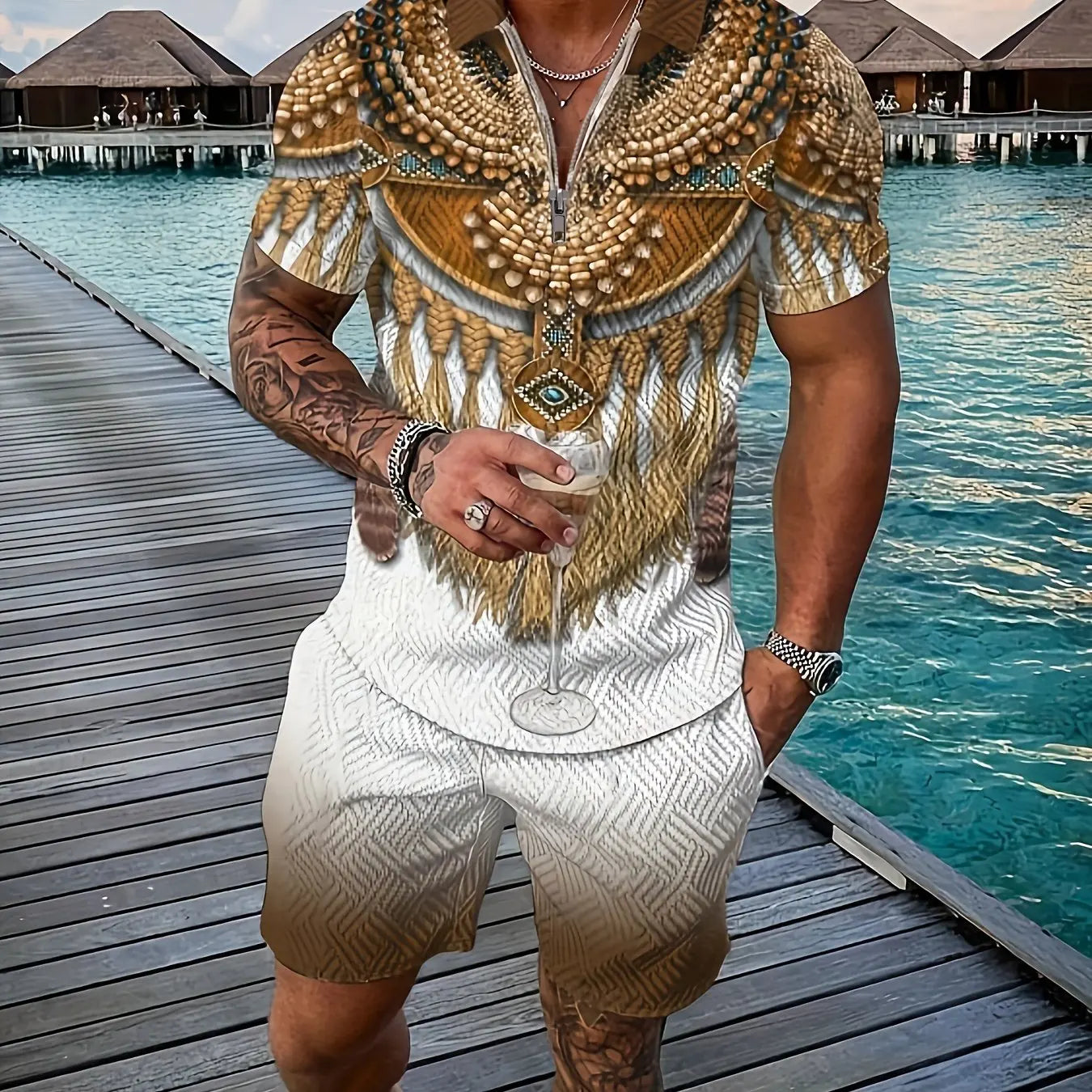 Retro National Stil Totem 3D-Druck Herren Trainingsanzug Set Sommer Reißverschluss Poloshirt + Shorts 2-teiliges Set Herren Kleidung Trainingsanzug Set