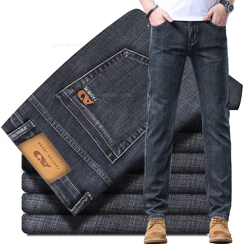 Frühlings Herren Hellblaue Slim Jeans Stylische Lässige Stretch Denim Hose Klassische Chinohose Rauchgrau