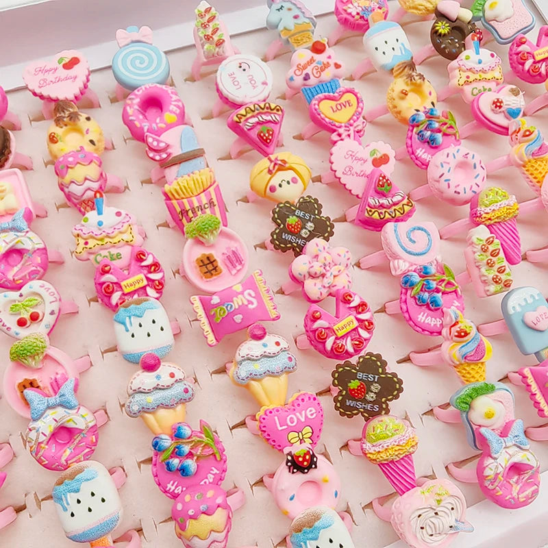 30/100pcs/Lot Wholesale New Cute Kids Finger Rings Party Pink Candy Ice Cream Donuts Cake Child Jewelry Open Adjust Gifts Girls