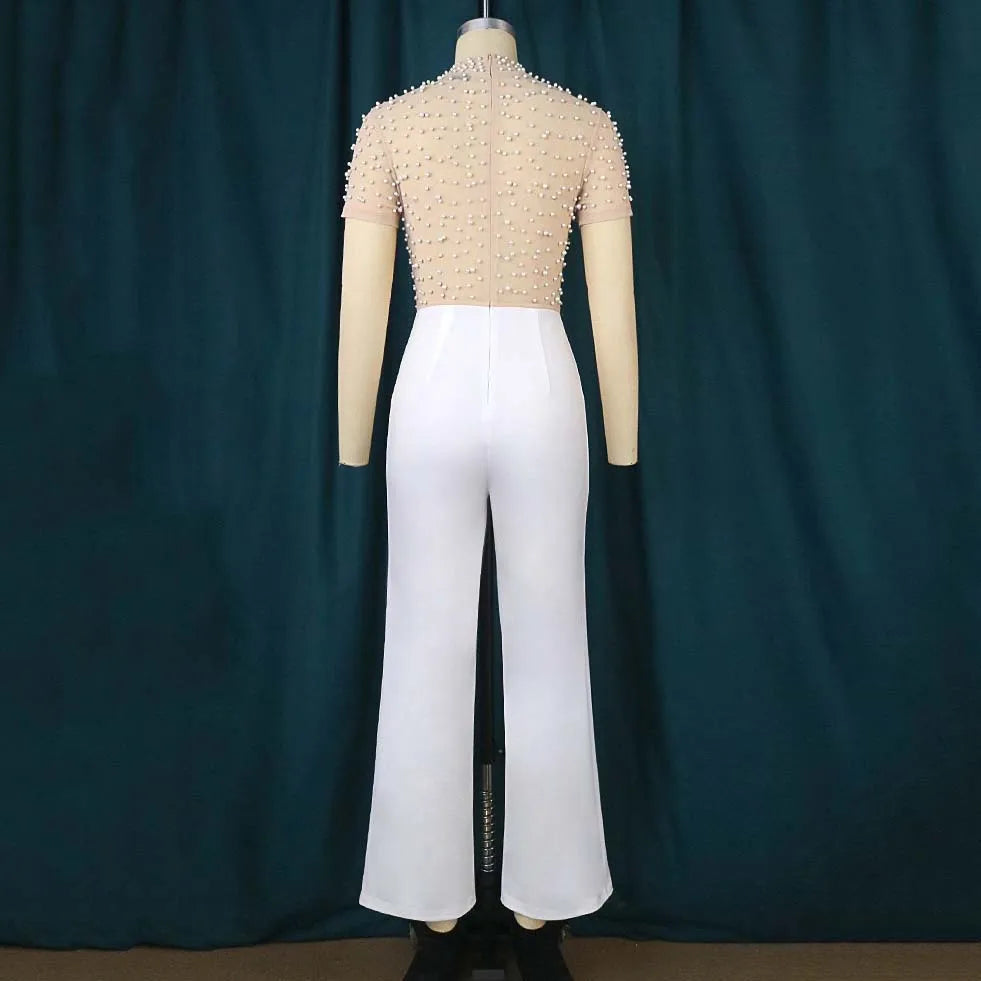 Elegante Jumpsuits & Playsuits für Damen O-Ausschnitt Kurzarm Perlenbesetzt Hohe Taille Luxuriöses Outfit für weibliche Geburtstags-Dinnerpartys