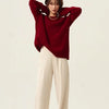 Rollkragenpullover 100% Kaschmir Pullover Damen lose verdickend Anti-Aging Nische Vintage Roter Rundhals-Pullover Damen Langarm