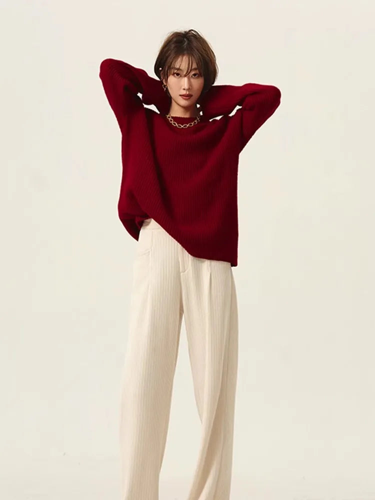 Rollkragenpullover 100% Kaschmir Pullover Damen lose verdickend Anti-Aging Nische Vintage Roter Rundhals-Pullover Damen Langarm
