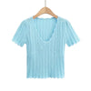 Damen V-Ausschnitt gestricktes Häkel-T-Shirt mit