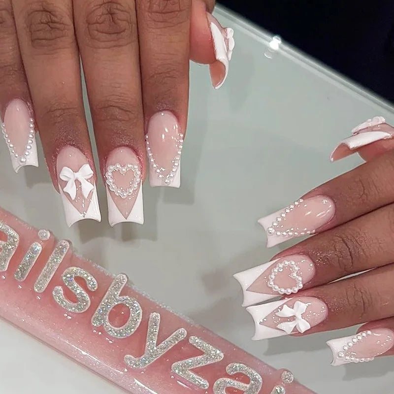 24 Stk. lange Ballett French Press-on-Nägel mit niedlicher rosa Schleife, glänzendem Diamant-Dekor, falsche Nagelspitzen, tragbare süße koreanische künstliche Nägel