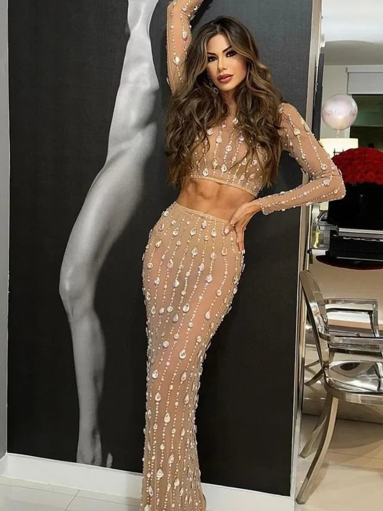 Festival-Outfit Damen High-End-Mode Nude-farbenes Strass-Mesh-Langarm-Crop-Top mit Rundhalsausschnitt und lange Röcke Gala zweiteiliges Set