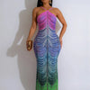 Neue Gradient Strass Tie-Dye Print Neckholder Meerjungfrau Lange Kleider Damen Rückenfrei Ärmellos Schmal Geburtstagsparty Abschlussball Vestidos