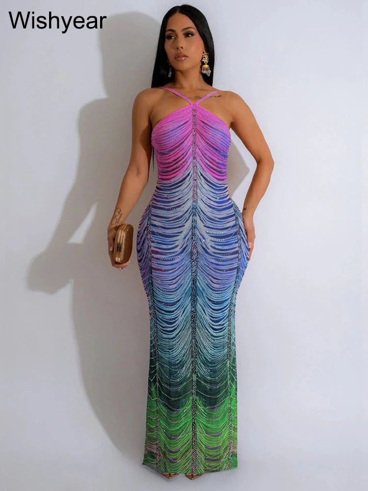 Neue Gradient Strass Tie-Dye Print Neckholder Meerjungfrau Lange Kleider Damen Rückenfrei Ärmellos Schmal Geburtstagsparty Abschlussball Vestidos