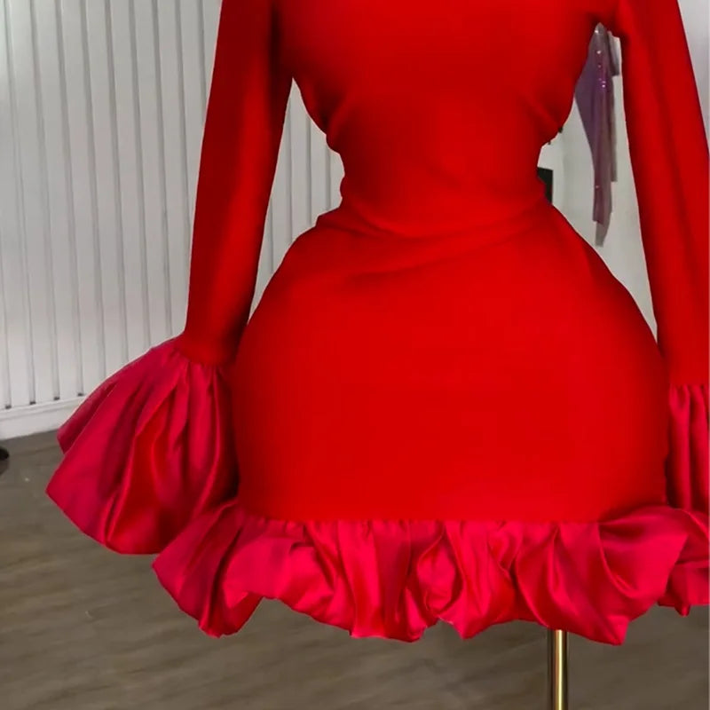 CM.YAYA Women O-neck Long Flare Sleeve Ruffles Mini Dress 2025 Spring Sweet Sexy Birthday Evening Night Party Vestidos Dresses