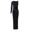 Joskaa Elegant Rhinestone Hollow Maxi Birthday Dress Woman Sexy O-Neck Single Sleeve Skinny Vestidos 2025 Evening Party Clubwear